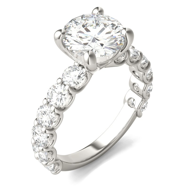 Charles & Colvard Forever Bright 3 3/4 cttw Moissanite Basket Round Solitaire with Trellis Set Side Stones Engagement Ring