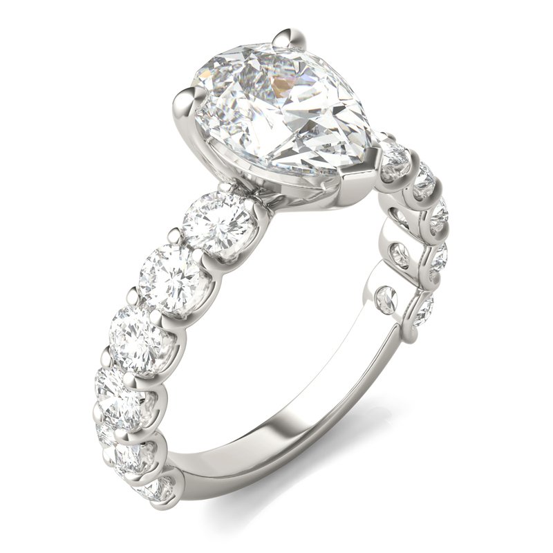 Charles & Colvard Forever Bright 3 3/5 cttw Moissanite Basket Pear Solitaire with Trellis Set Side Stones Engagement Ring
